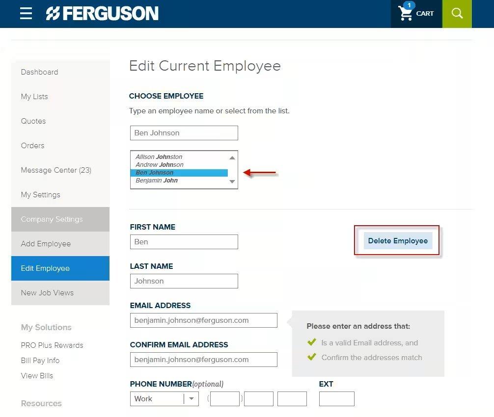 Screenshot of Edit Current Employee page on ferguson.com, with a dropdown menu to choose employee and form fields to enter their details, and Delete Employee button is outlined in red.