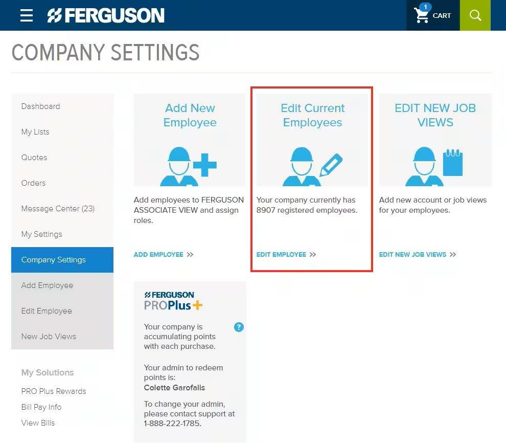 Screenshot of Company Settings tab on ferguson.com with Edit Current Employees section and button outlined in red.