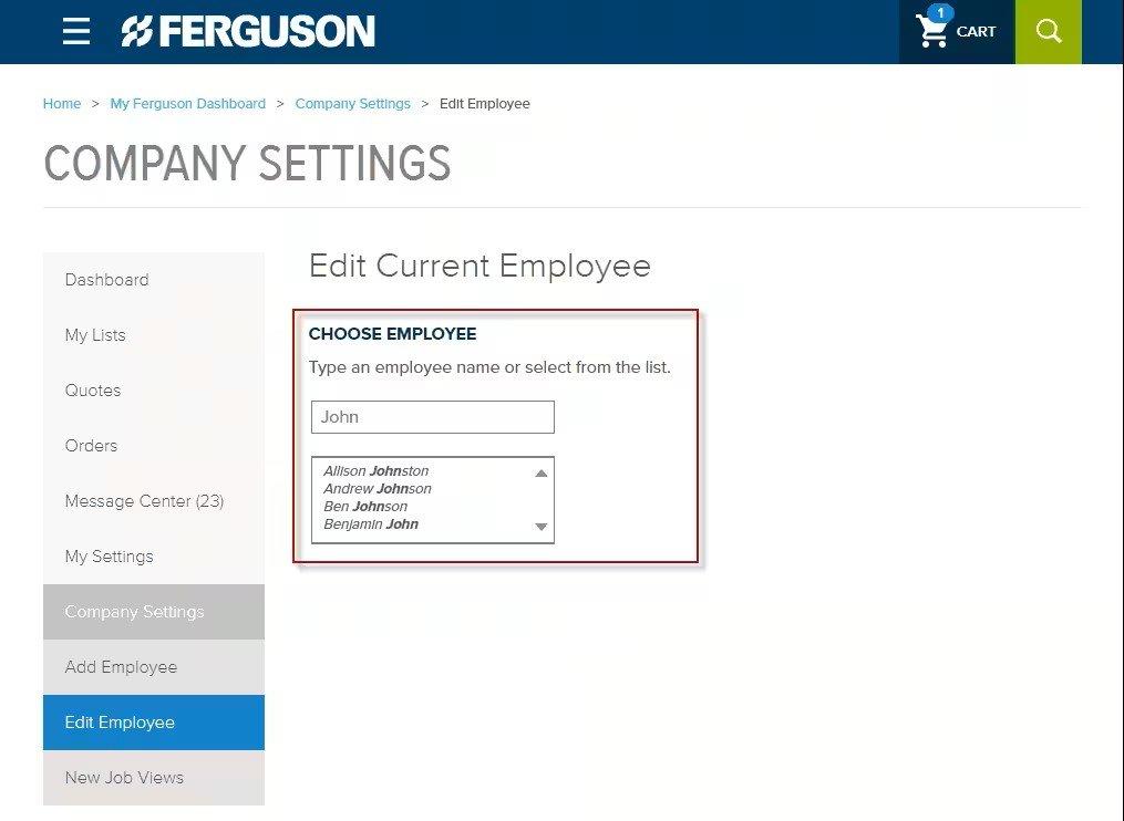 Screenshot of Edit Current Employee page on ferguson.com, with form fields outlined in red.