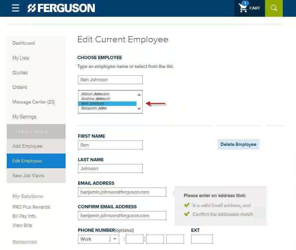 Screenshot of Edit Current Employee page on ferguson.com, with a dropdown menu to choose employee and form fields to enter their details.