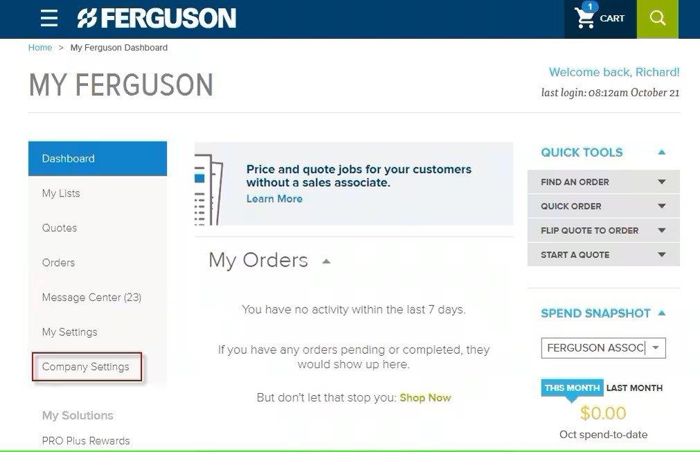 Screenshot of the menu under the dashboard on the left-hand side of ferguson.com, with Company Settings outlined in red.