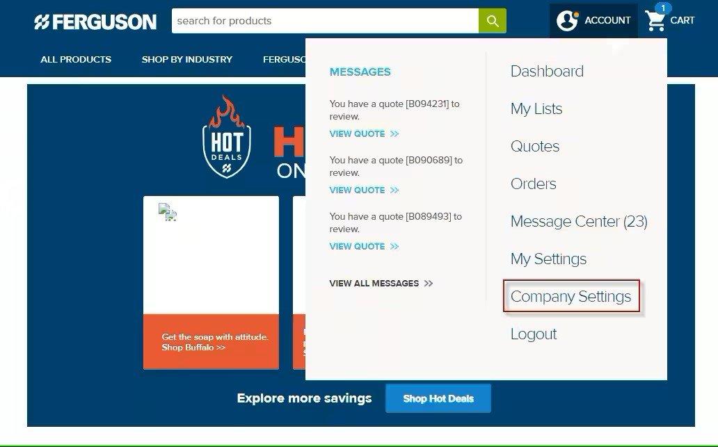 Screenshot of the account dropdown menu on ferguson.com, with Company Settings outlined in red.