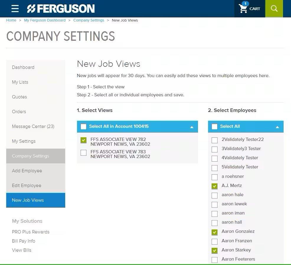 Screenshot of Company Settings page on ferguson.com, with New Job Views selected from the left-hand menu, and checkmarks next to the view to select and the employees to allow this view.