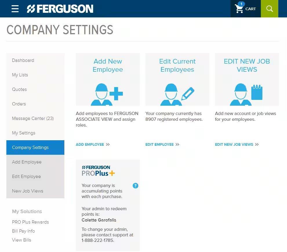 Screenshot of Company Settings tab on ferguson.com, showing how to add new employee, edit current employees, and edit new jobs views.