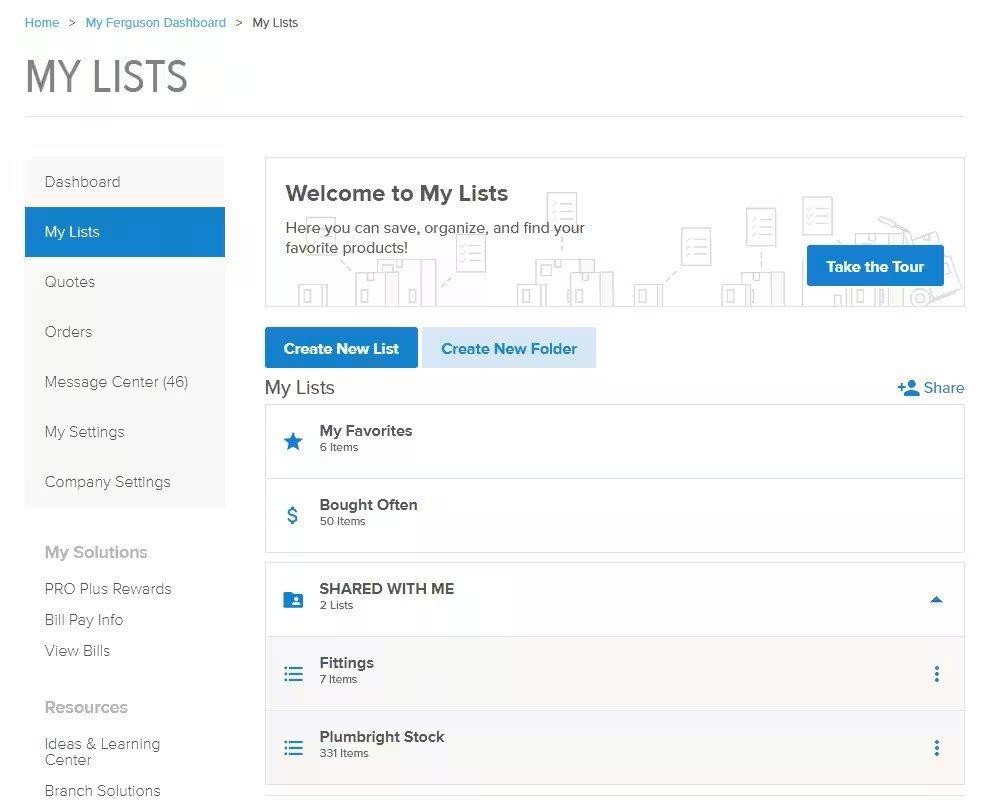 View of the My Lists screen showing favorites, bought often, and shared with me, as well as buttons to take a tour, create a new list and create a new folder.