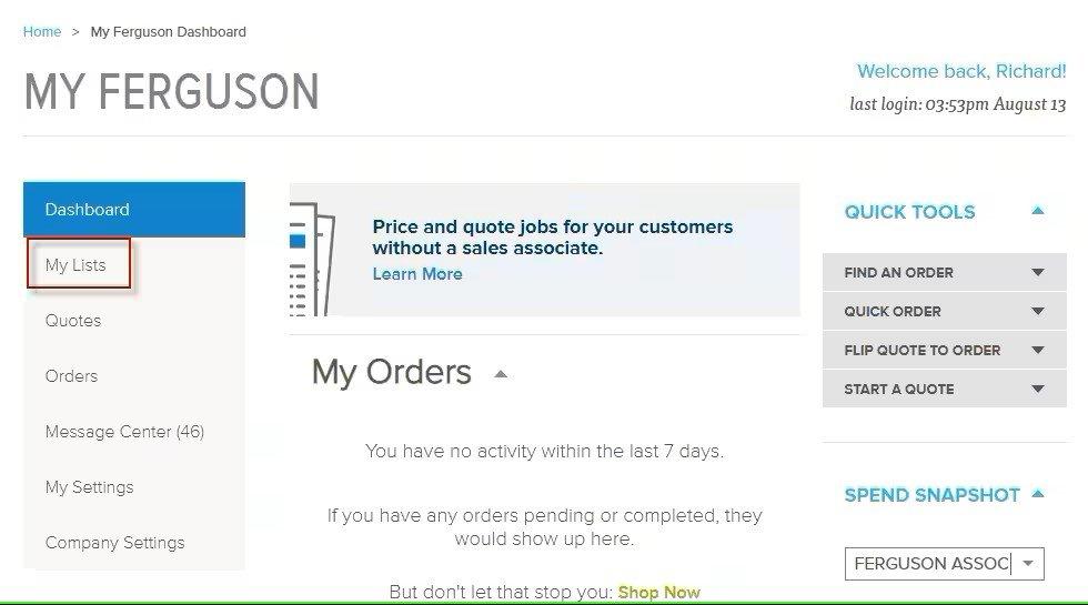 View of the My Ferguson Dashboard with My Lists outlined in red in a menu on the left-hand side and My Orders in the center of the screen.