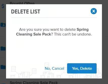 View of the Delete List popup screen confirming whether the user wants to delete the list, with cancel and delete buttons.