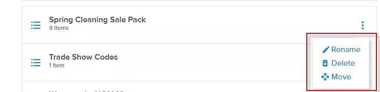 Closeup view of two items from My Lists with a menu expanded from the three dots outlined in red, showing rename, delete and move.