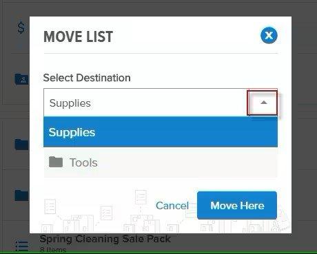 View of the Move List popup screen showing a Supplies list with the change arrow outlined in red.