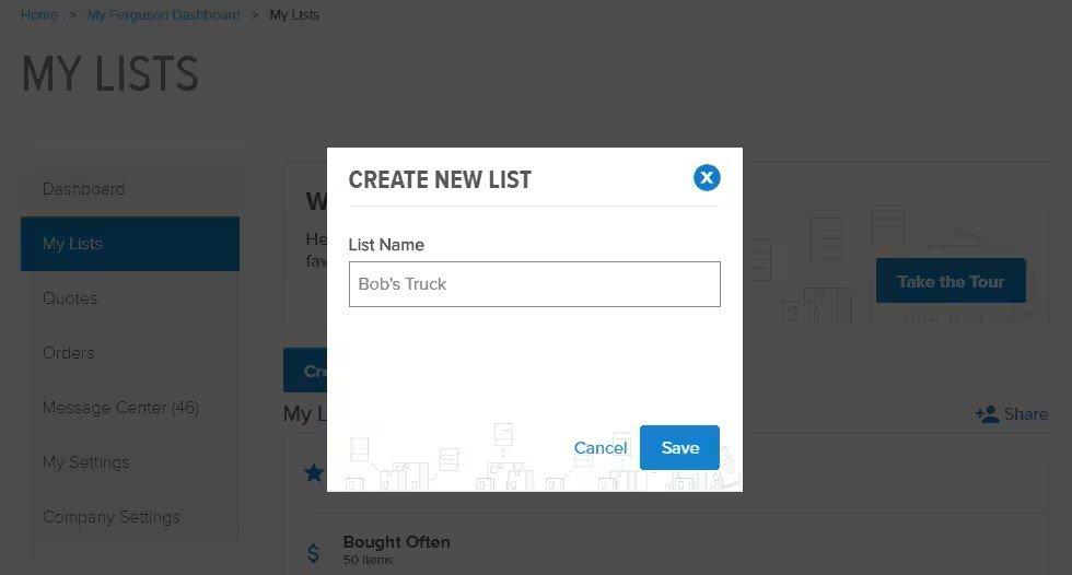 View of the Create New List popup screen with List Name over a form field with cancel and save buttons.