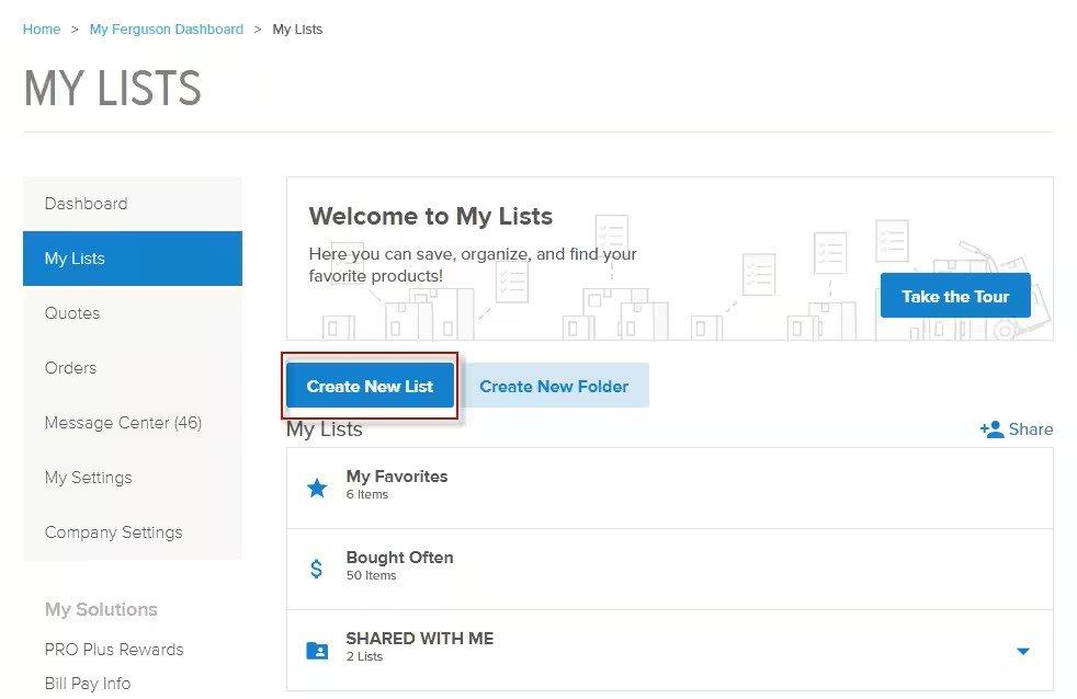 View of the My Lists screen with the Create New List button outlined in red.