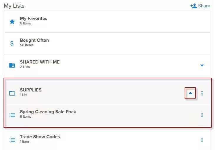 View of My Lists and under Shared With Me, Supplies and Spring Cleaning Sale Pack are outlined in red. The change arrow with Supplies is also outlined in red.