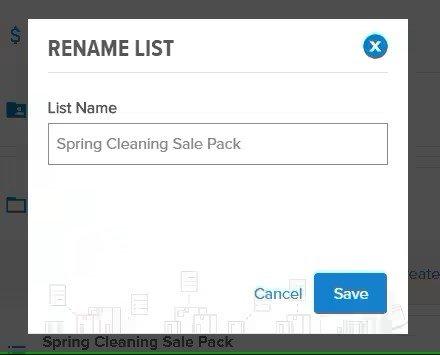 View of the Rename List popup screen showing a List Name over a form field with cancel and save buttons.