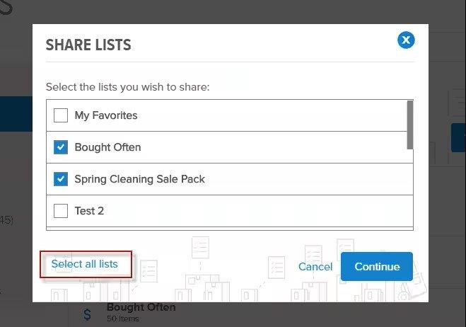 View of Share Lists popup screen with Select all lists outlined in red.
