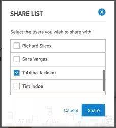 View of Share List popup screen with names of users to share with; a user is selected with a blue checkmark.