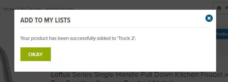 View of Add to My Lists popup screen confirming a product has been added to a list, with an OK confirmation button.