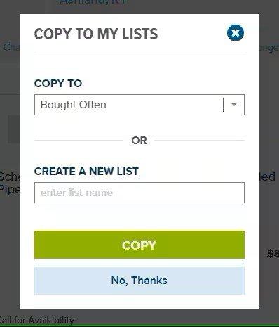 View of Copy to My Lists popup screen with a dropdown menu of existing lists and a form field to create a new list, with buttons to copy or cancel.