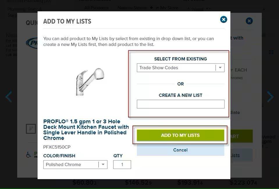 View of Add to My Lists popup screen with a dropdown menu of existing lists and a form field to create a new list outlined in red, with the buttons to Add to My Lists also outlined in red.