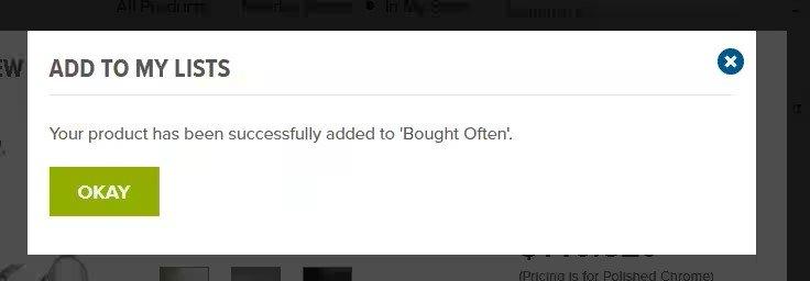 View of Add to My Lists popup screen confirming a product has been added to a list, with an OK confirmation button.