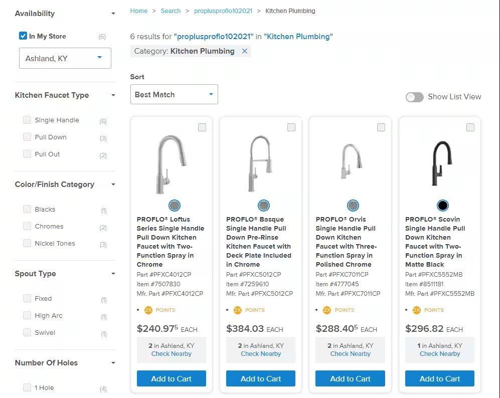 View of product search results showing four pull-down kitchen faucets.