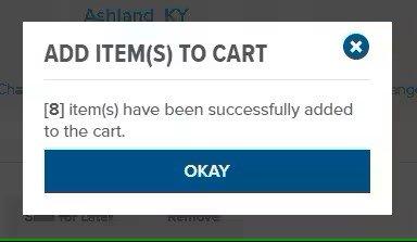 View of popup screen confirming that 8 items have been added to the user’s cart with an OK confirmation button.