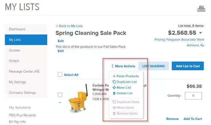 View of a My Lists selection with More Actions opened to show a dropdown menu of options.