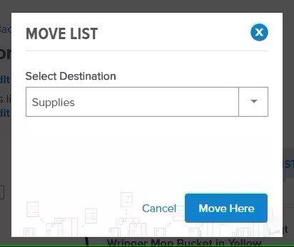 View of the Move List popup screen with Select Destination above a dropdown menu field and buttons to cancel and move here.