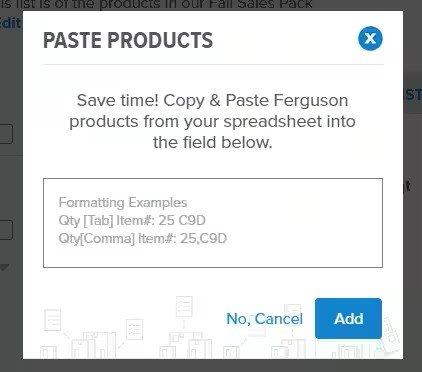 View of the Paste Products popup screen with a field to fill in and buttons to cancel and add.