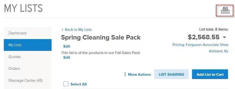 View of a My Lists selection with the printer icon on the top right outlined in red.