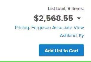 Closer view of the list details with 8 items listed, a total amount with a change arrow next to it, the pricing view and location, and a button to add to cart.