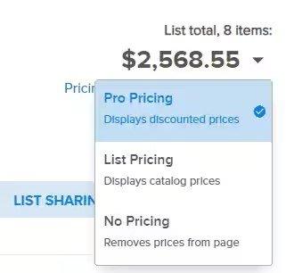 Closer view of the dollar amount of the list total in the My Lists screen, showing a dropdown menu under the amount with Pro Pricing selected.