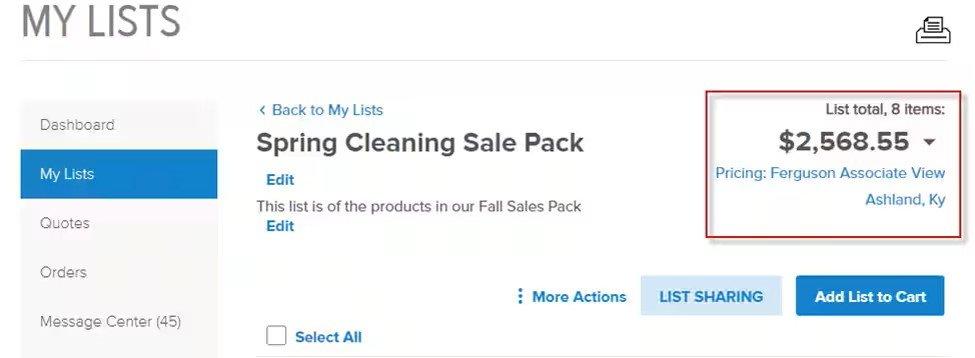 View of a My Lists selection with the amount of list items and total amount on the right outlined in red.