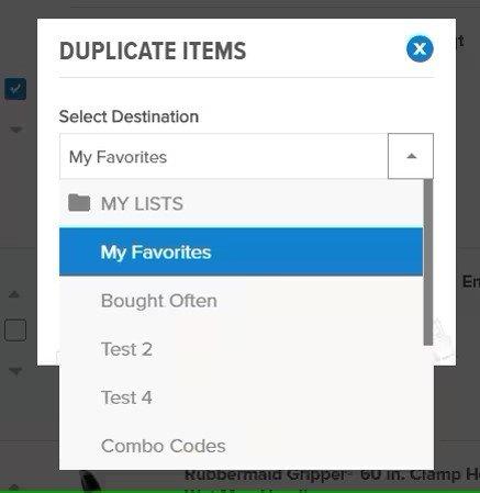 View of Duplicate Items popup screen with a Destination field and a dropdown menu with My Favorites selected.