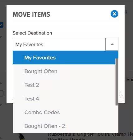 View of Move Items popup screen with a Destination field and a dropdown menu with My Favorites selected.