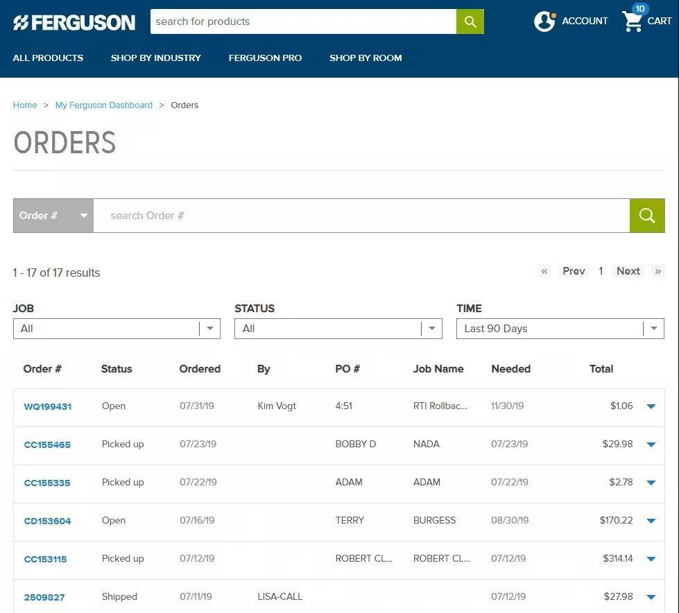 View of the Orders screen with several orders listed showing order number, status, date ordered and by whom, PO number, Job Name, needed by date and total.