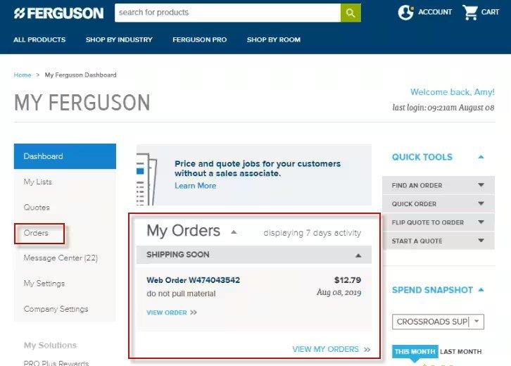 View of the My Ferguson Dashboard with Orders outlined in red text in a menu on the left-hand side and My Orders in the center of the screen outlined in red text.