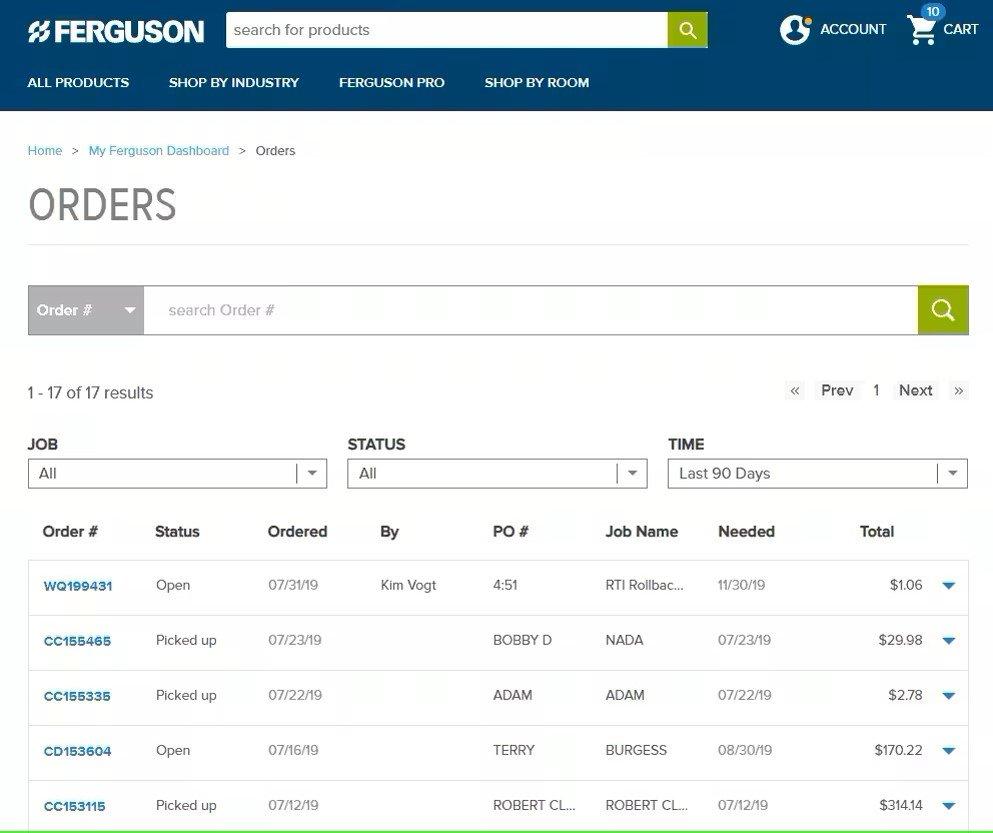 View of the Orders screen with several orders listed showing order number, status, date ordered and by whom, PO number, Job Name, needed by date and total.