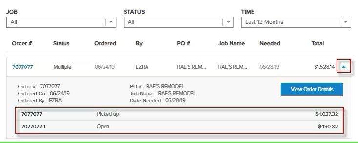 Details of an order with the change arrow expanded, showing when it was picked up and when it was open.