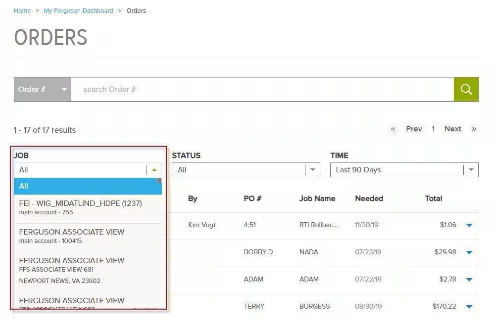 View of the Orders screen with All selected in the Job dropdown menu.