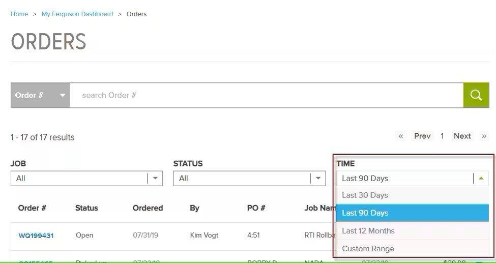 View of the Orders screen with Last 90 Days selected in the Time dropdown menu.