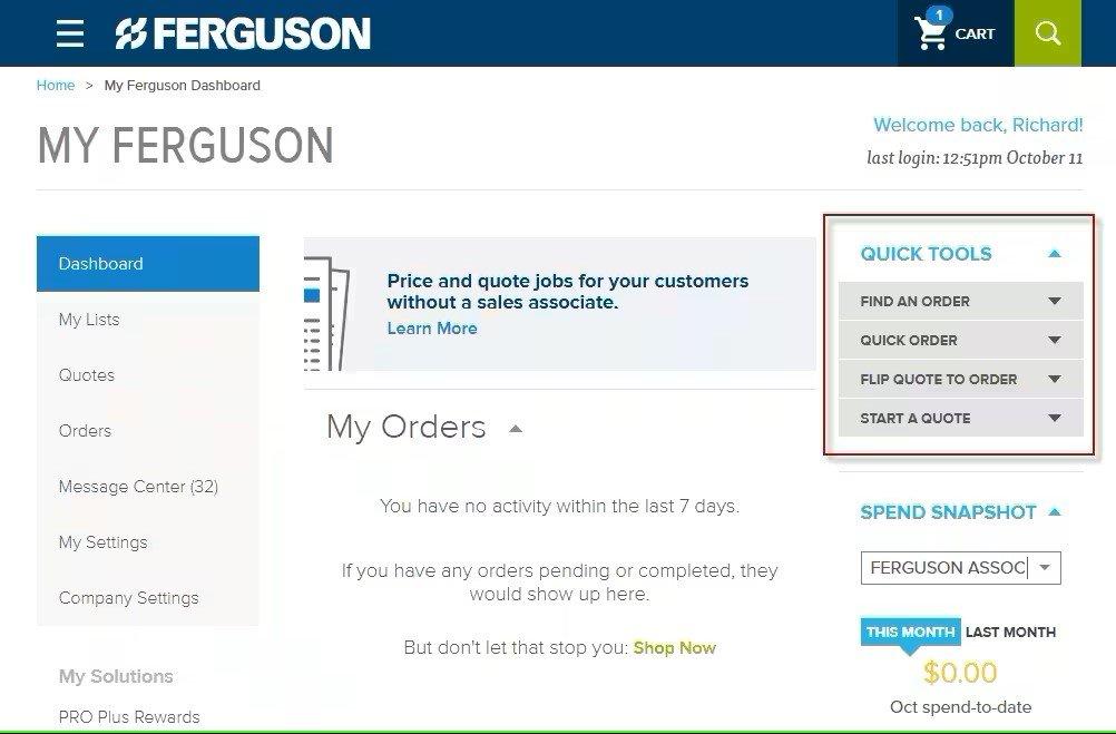 Screenshot of the Dashboard on ferguson.com, with the Quick Tools menu on the right outlined in red.