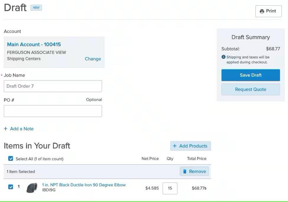 Detailed view of a Draft quote, with account, job name, an item selected, and a subtotal. Buttons allow the user to save draft or request quote.