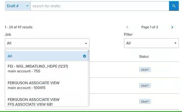 View of Draft quotes with All selected in the Job dropdown menu.