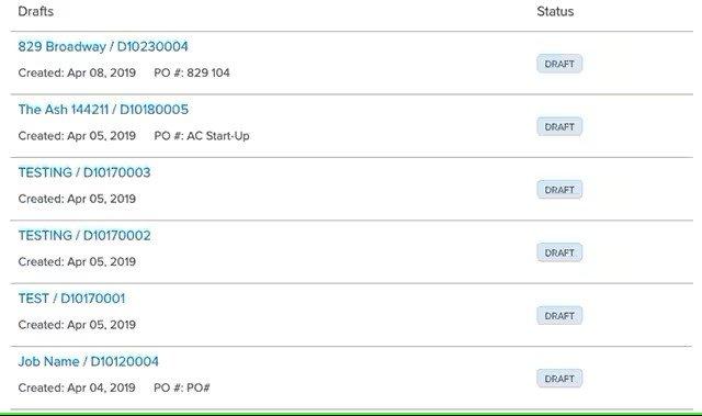 View of several Drafts with name, date created, PO number and status as a draft.