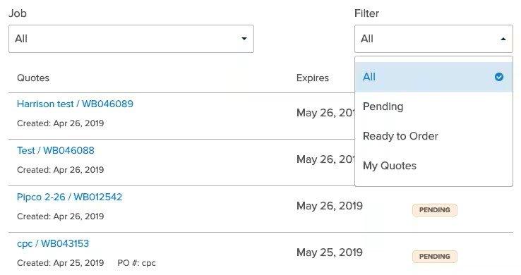 View of Quotes screen with All selected in the Filter dropdown menu.
