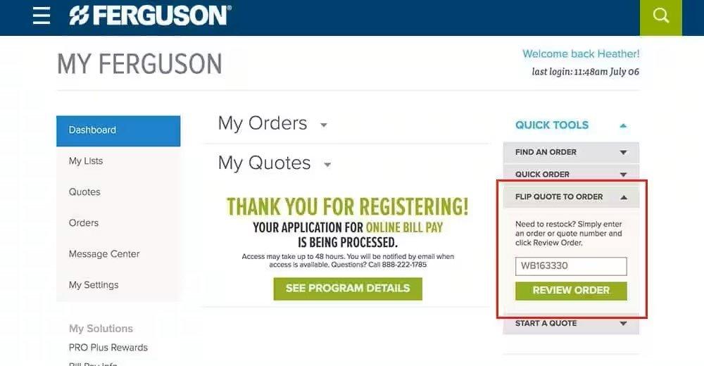 View of the My Ferguson Dashboard with Flip Quote to Order section on the right outlined in red.