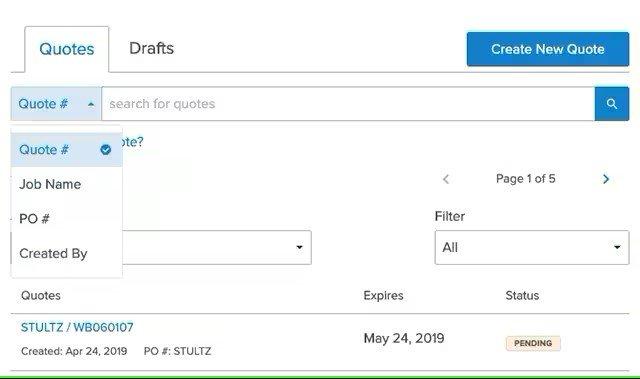 View of Quotes tab with Quote # selected in the dropdown menu.