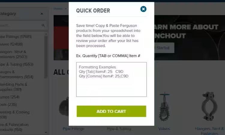 Popup window of Quick Order with a field to paste in products and amounts and an Add to Cart button.