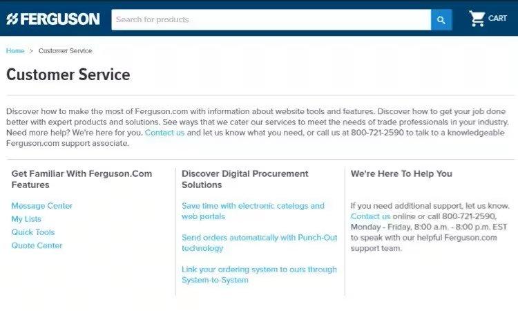 View of Customer Service page with a list of options for the user to contact Ferguson.