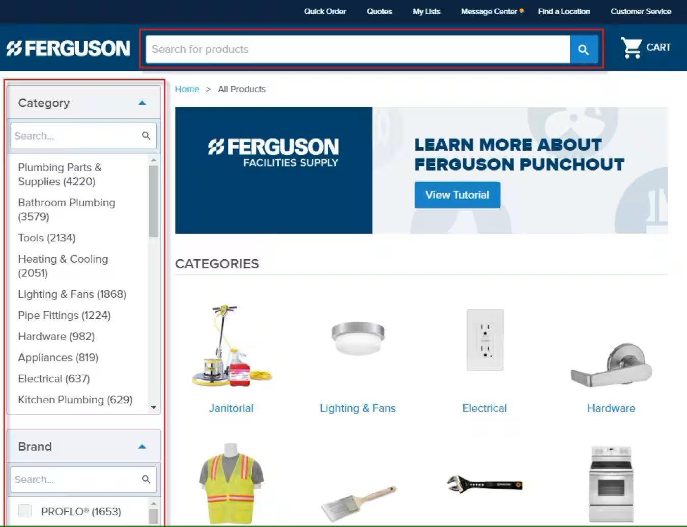 Screenshot of Ferguson products page with search bar at top and category list on left outlined in red.